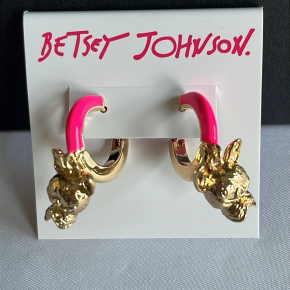Betsey Johnson Frenchie Enamel Huggie Hoop Earrings Gold neon Pink NWT - Picture 2 of 6
